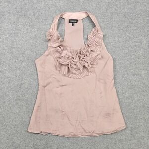 Bebe Tank Top Womens XS Pink Silk Halter Ruffle Pleated Cami Blouse Evening